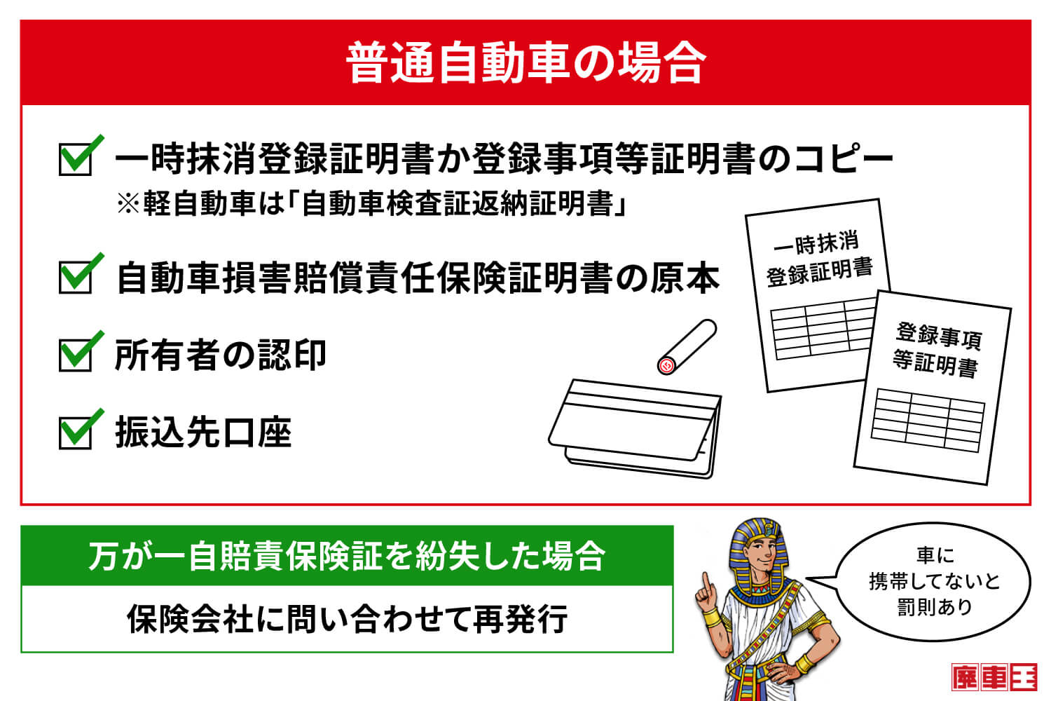 普通自動車の場合は、一時抹消登録証明書か登録事項証明書のコピー、自動車損害賠償責任証明書の原本、所有者の認印、振込先口座